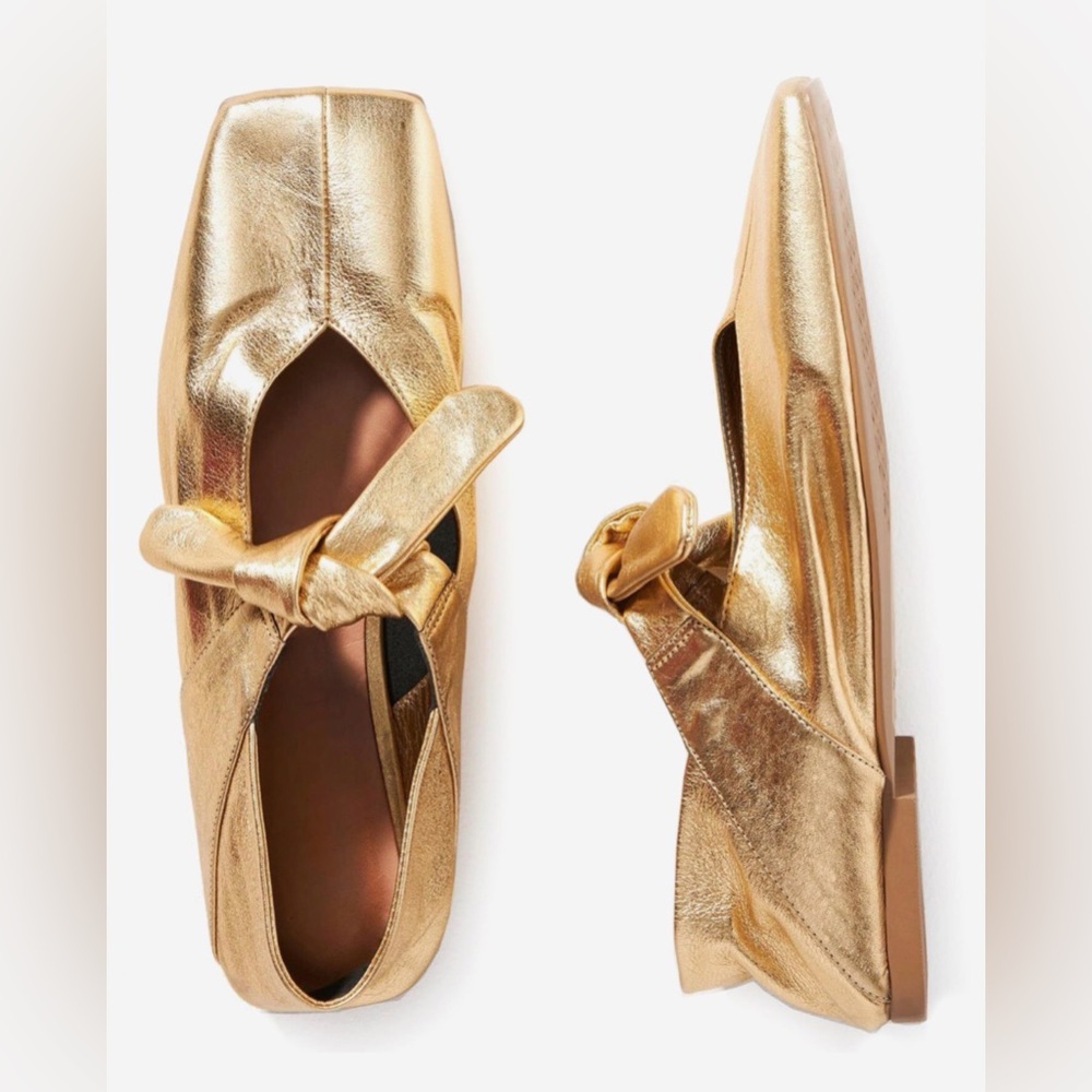 Gold Ballet Flats Square Toe Metallic Knotted Detail Flat Shoes size 9 - Picture 4 of 9